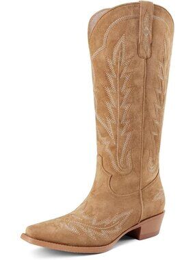Women's Camel Knee High Cowgirl Boots Wide Calf Retro Chunky Heel Pointed Toe
